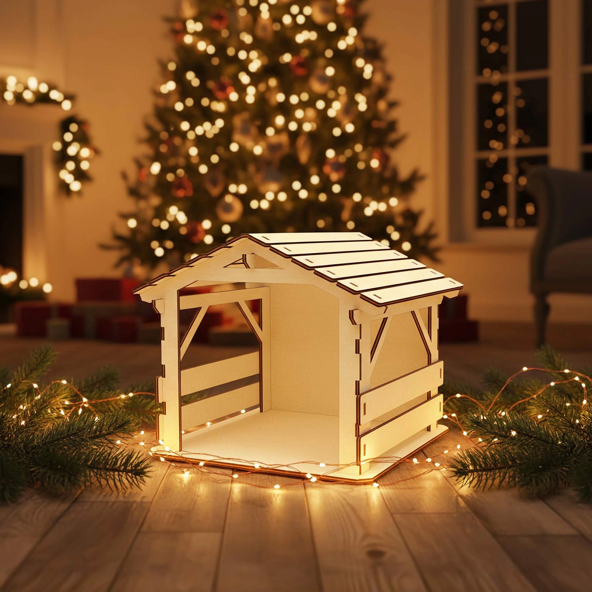Simple yet elegant laser cut Nativity stable #3 featuring plank construction and spacious manger area with warm glow, displayed in front of a twinkling holiday tree background.