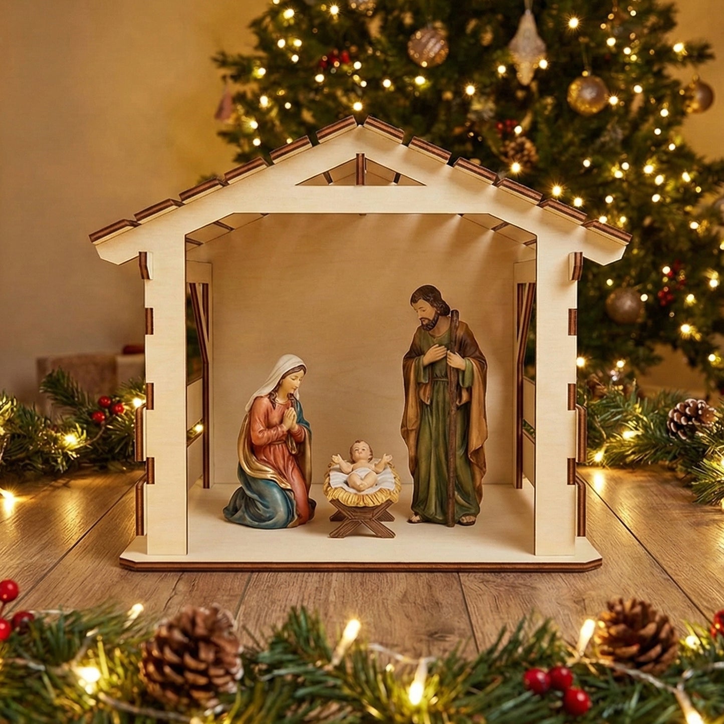 Traditional laser cut wooden Nativity barn #3 with detailed roof shingles and open-front design for figures, shown against a cozy bokeh-lit Christmas tree background.