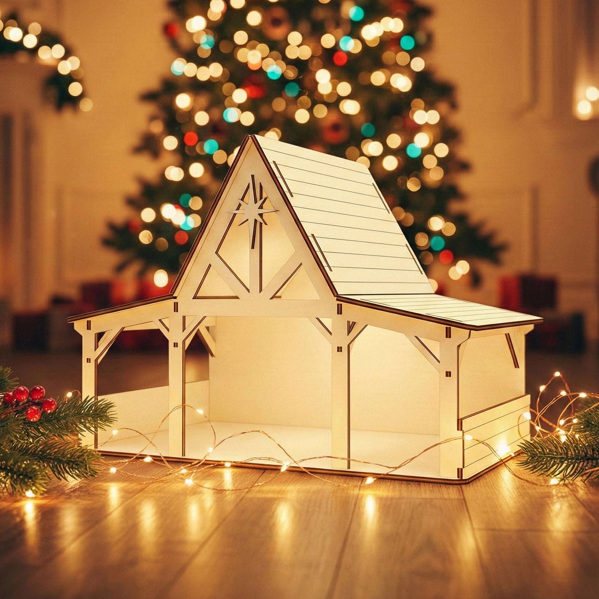 Detailed laser cut Nativity stable #4 featuring rustic wooden beams, spacious covered areas, and a glowing interior with star accent, shown in front of a twinkling holiday tree background.