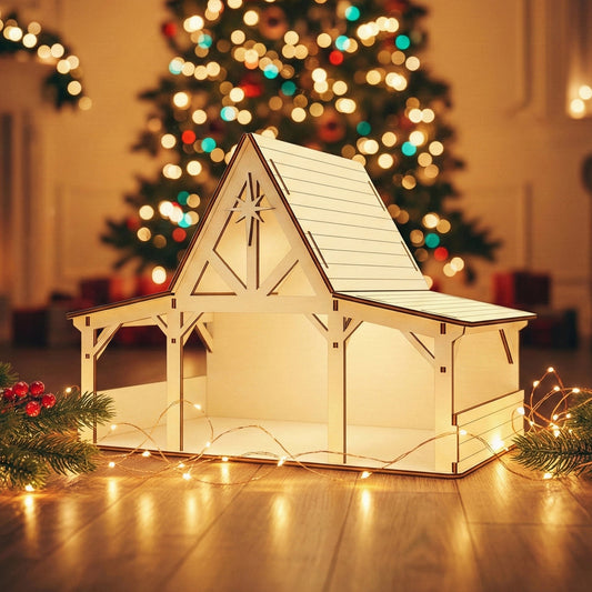 Detailed laser cut Nativity stable #4 featuring rustic wooden beams, spacious covered areas, and a glowing interior with star accent, shown in front of a twinkling holiday tree background.