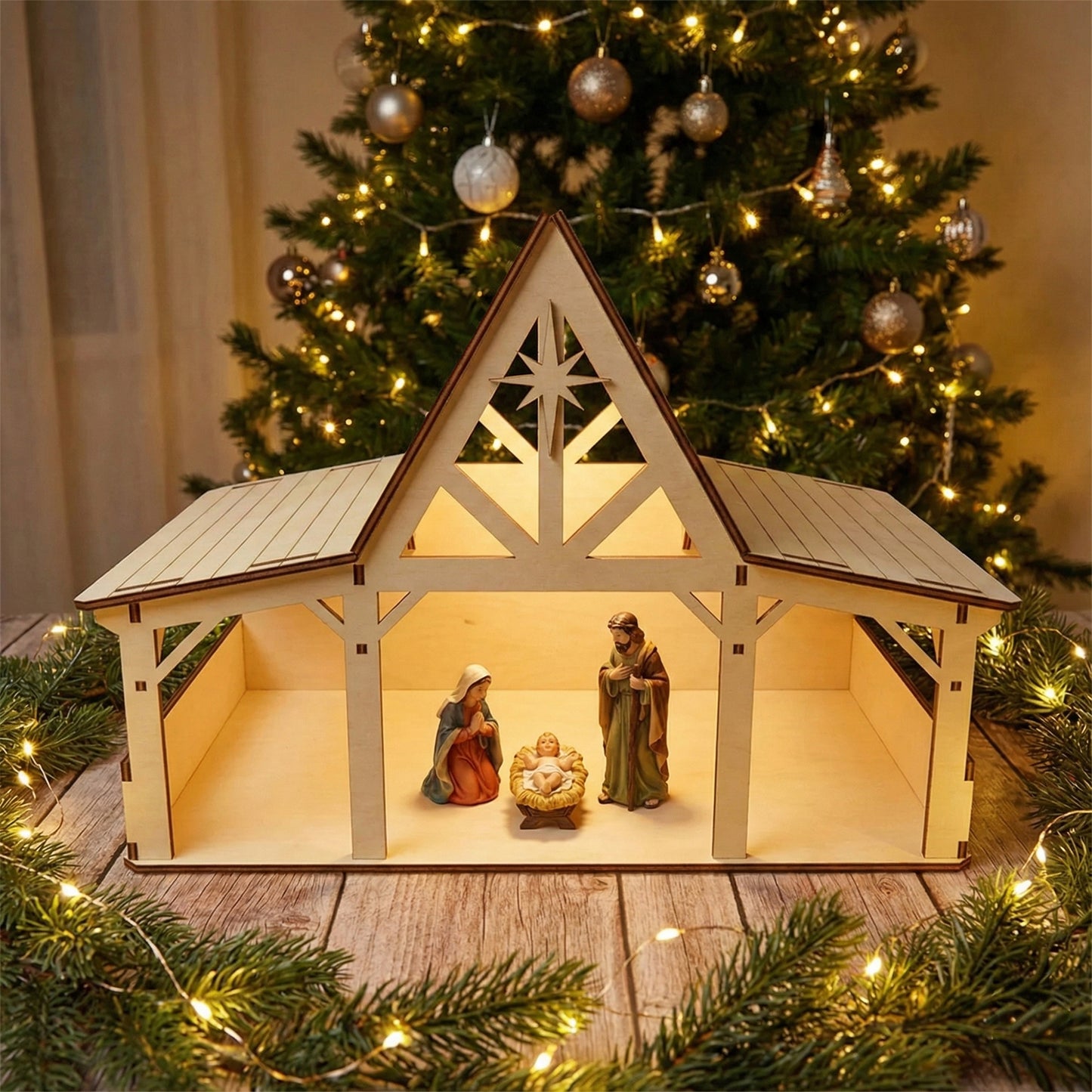 Charming laser cut wooden Nativity barn #4 with open porch design, intricate roof supports, and radiant Bethlehem star cutout, displayed against a cozy bokeh-lit Christmas tree background.