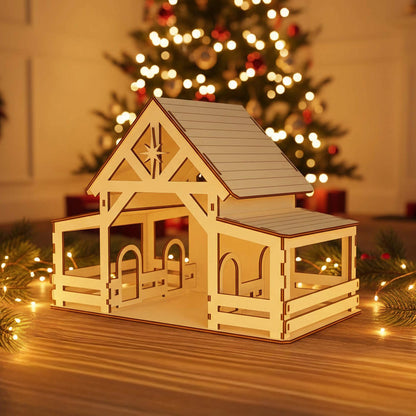 Intricate laser cut Nativity stable #5 featuring rustic fencing, arched openings, and a glowing interior with star accent, displayed in front of a twinkling holiday tree background.