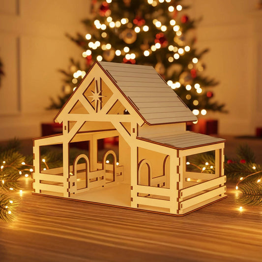 Intricate laser cut Nativity stable #5 featuring rustic fencing, arched openings, and a glowing interior with star accent, displayed in front of a twinkling holiday tree background.