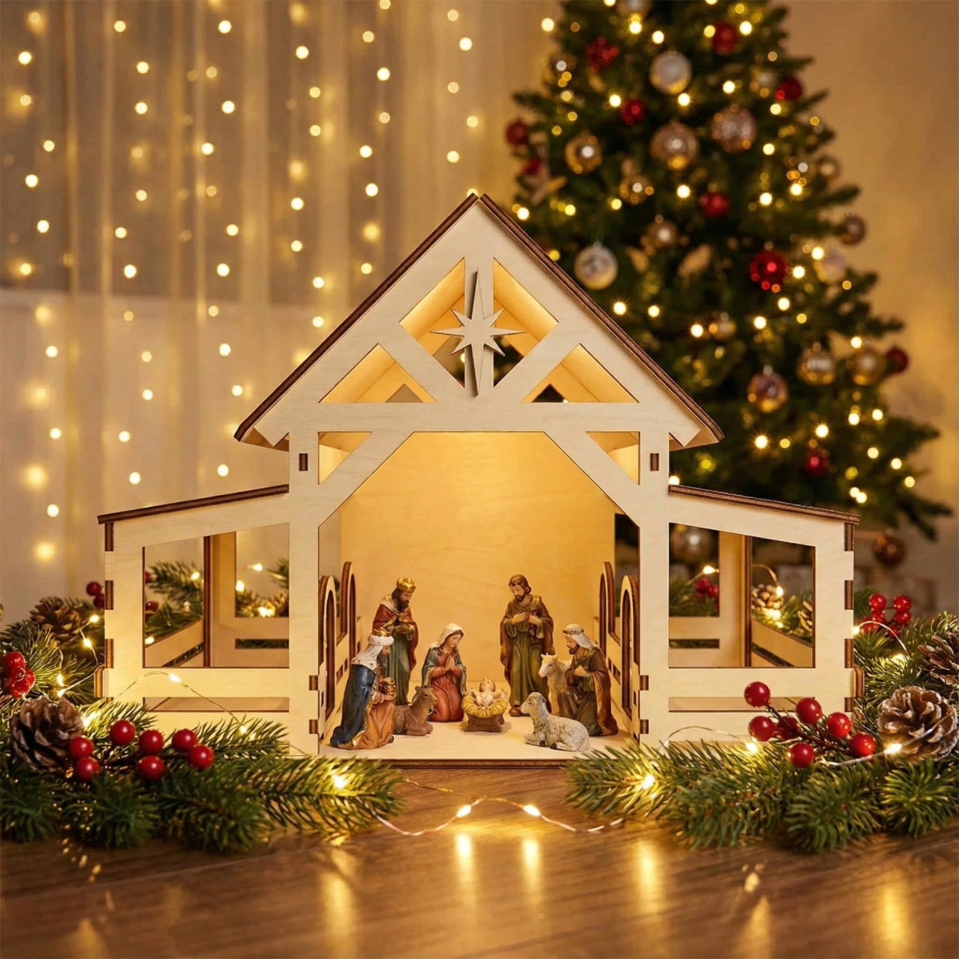 Spacious laser-cut wooden Nativity barn #5 with open sides, slanted roof extension, and ornate star detail, shown against a cozy bokeh-lit Christmas tree background.