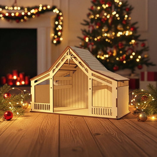 Intricate laser cut Nativity stable #6 featuring rustic beam supports, a prominent glowing star, and warm illuminated design, displayed in front of a twinkling holiday tree background.