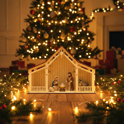 Elegant laser cut wooden Nativity barn #6 with large open manger area and ornate star on the gable, presented against a cozy bokeh-lit Christmas tree background.