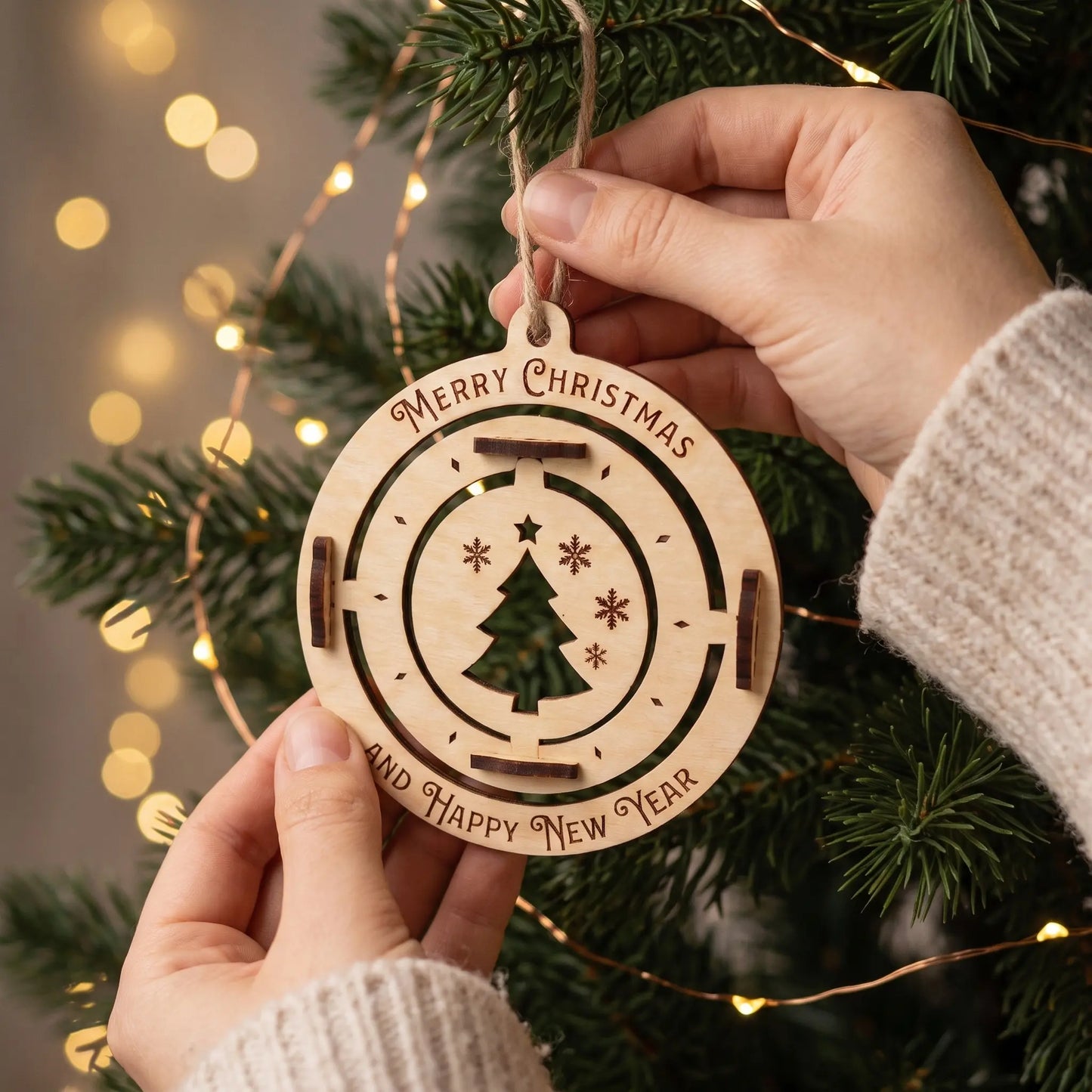 Hands holding a layered laser-cut plywood Christmas bauble ornament with an engraved tree against a glowing tree background