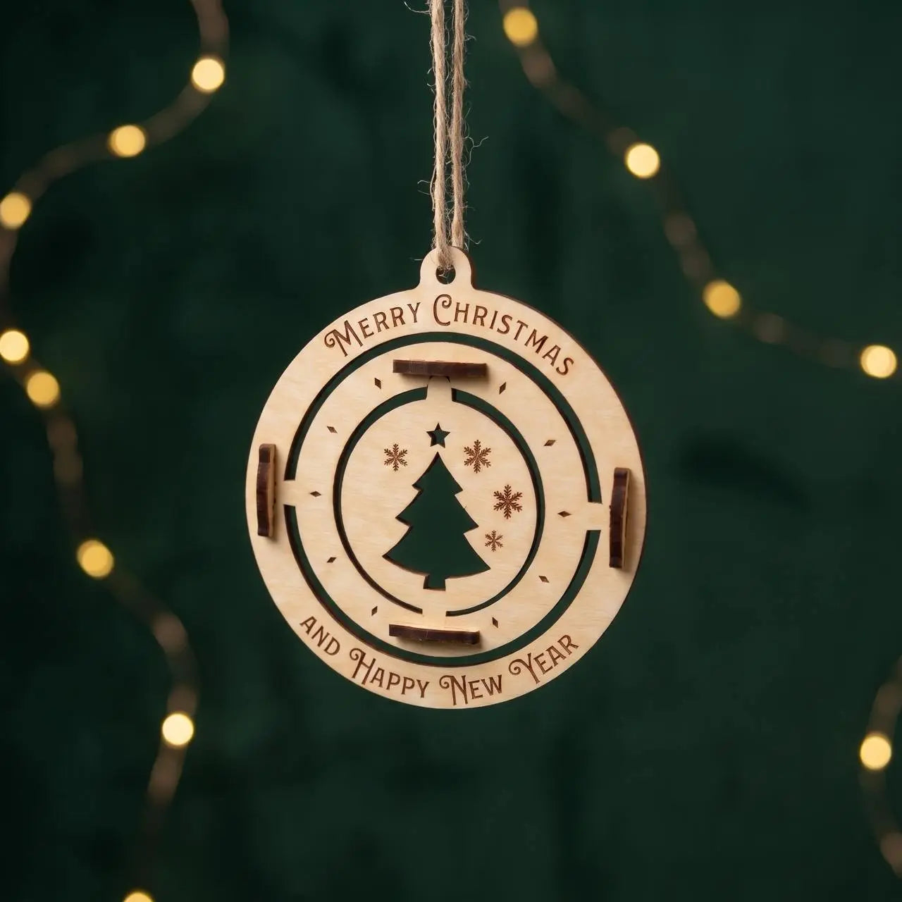A hanging laser-cut plywood Christmas bauble ornament with an engraved pine tree against a dark green bokeh light background.