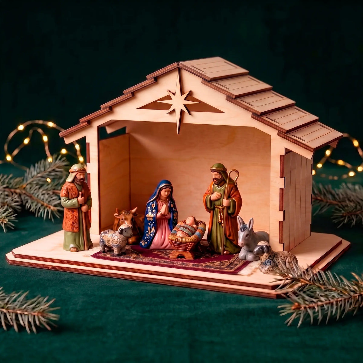 Laser cut plywood nativity stable housing holy family figures on a small rug over green velvet with pine and fairy lights.