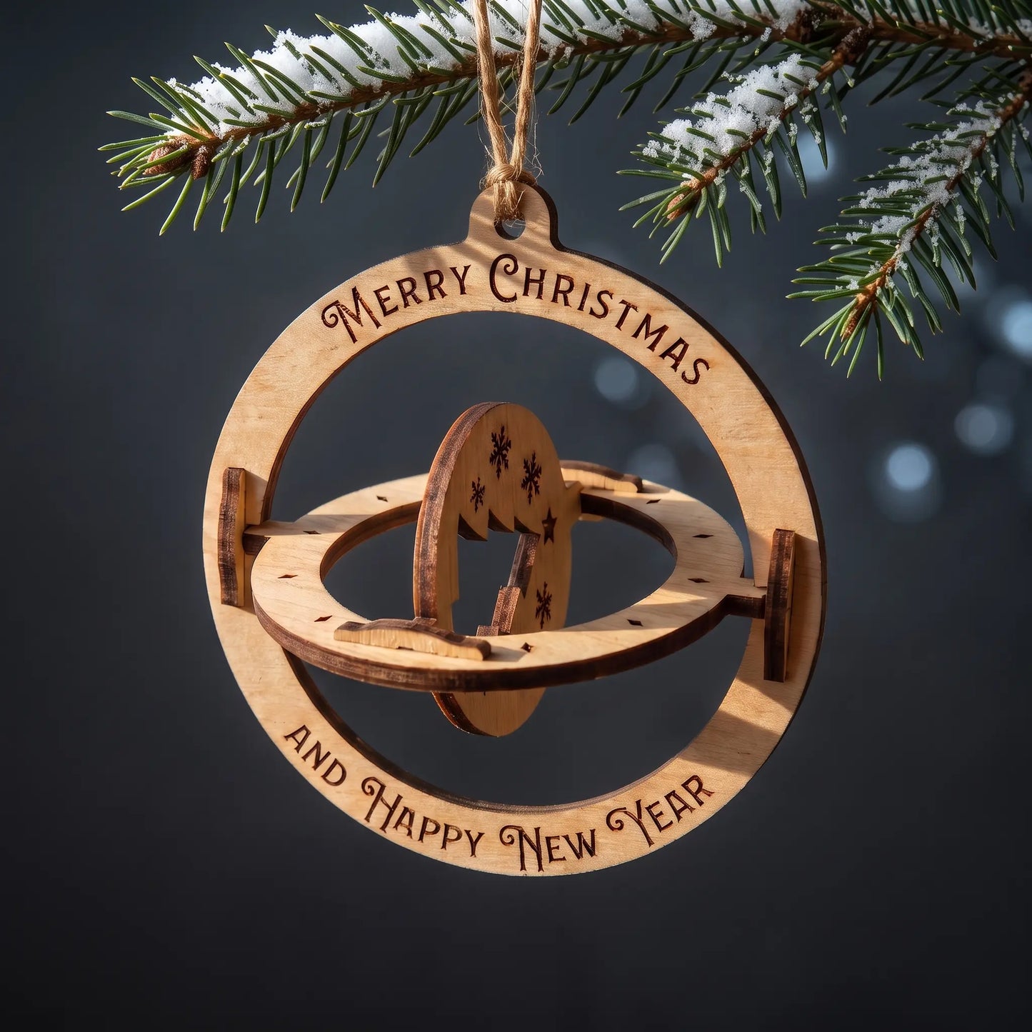 A close-up view of a rotating 3D laser-cut plywood Christmas bauble ornament hanging securely from a snow-covered branch.