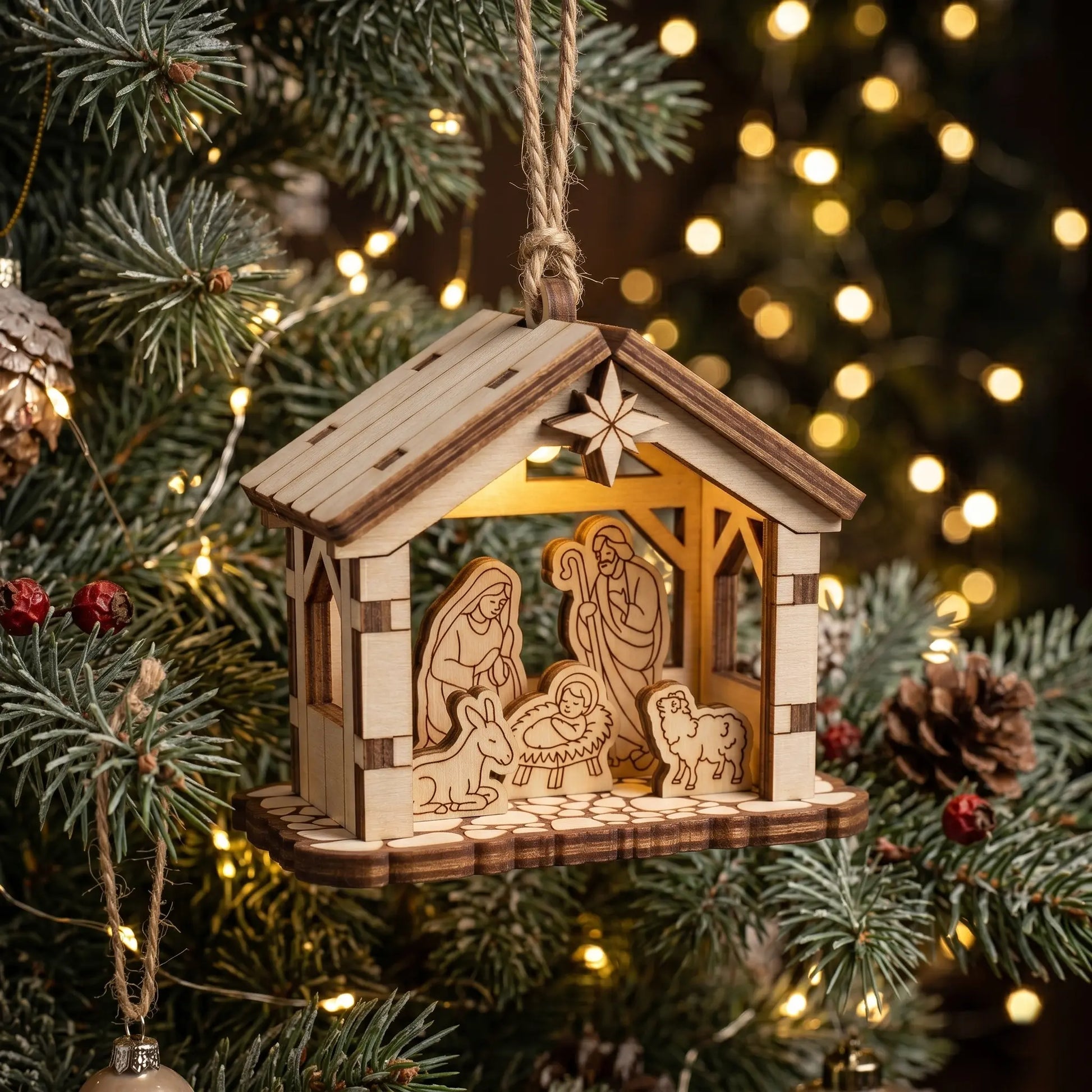 wooden laser cut ornament with nativity scene on christmas tree