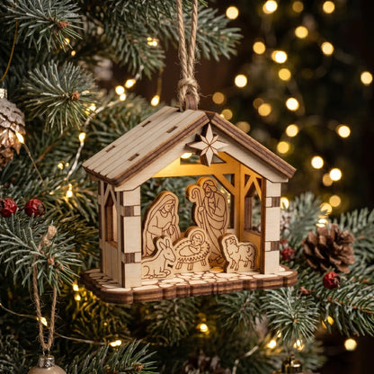 wooden laser cut ornament with nativity scene on christmas tree