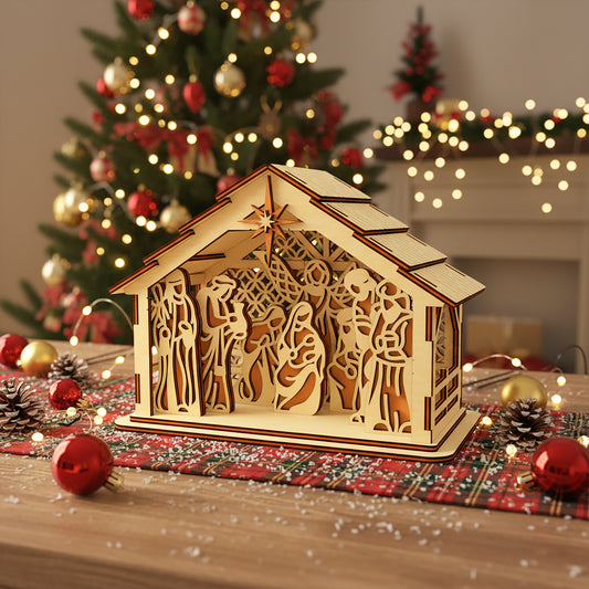 Intricate laser cut Nativity scene 3D ornament featuring detailed silhouettes of the Holy Family under a glowing star, displayed against a festive blurred Christmas lights background.