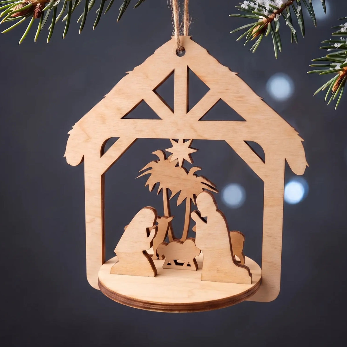 Laser cut plywood nativity scene ornament hanging from snowy evergreen bough against glowing bokeh lights.