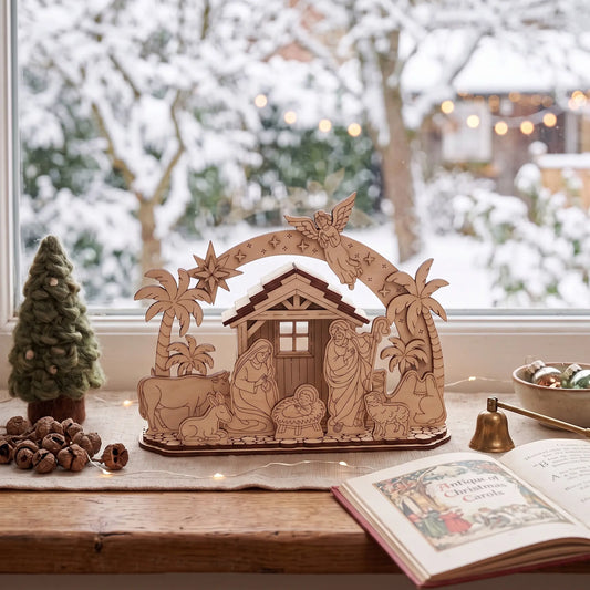 Laser cut plywood Christmas nativity scene on wooden window sill with snow outside and carol book