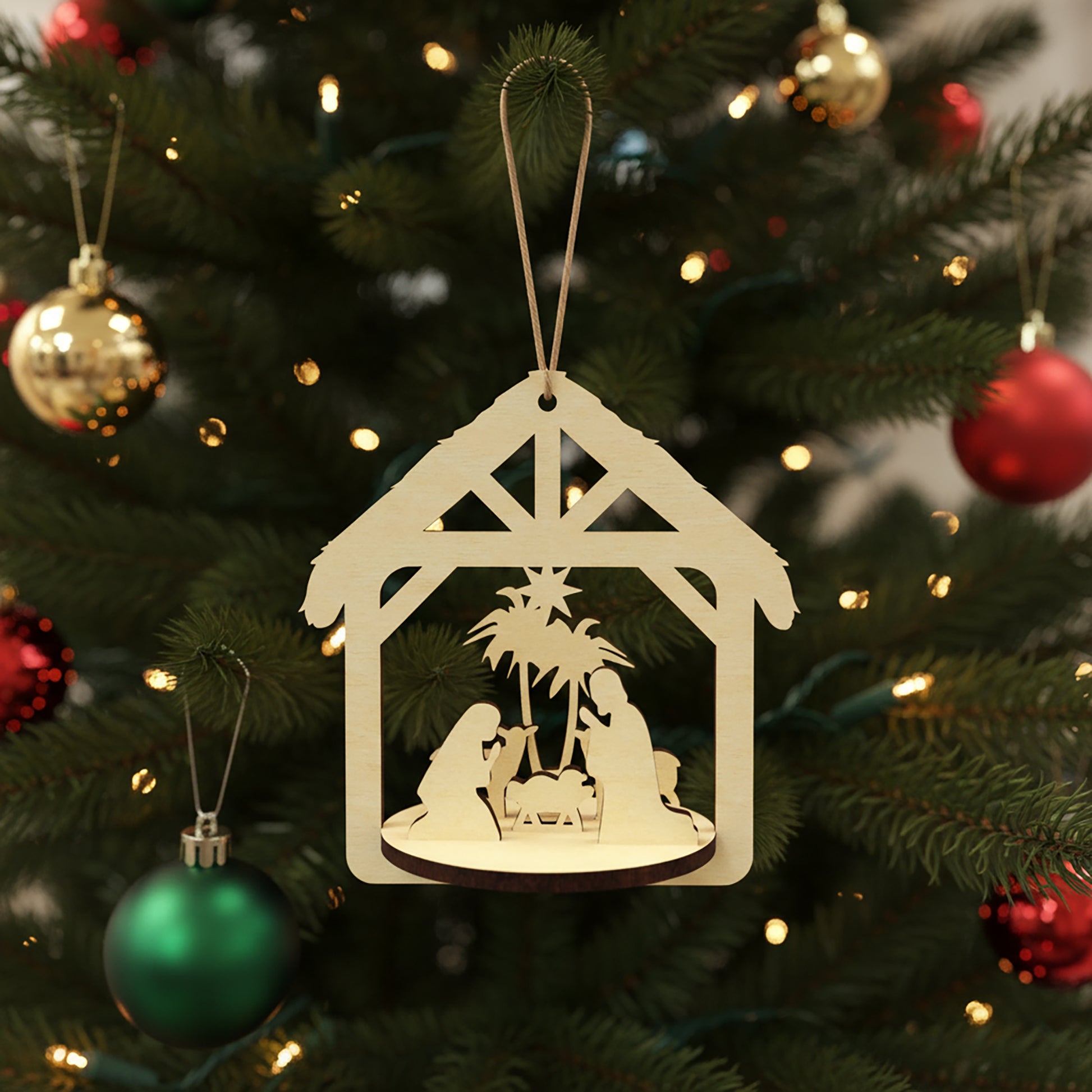 Delicate laser cut Nativity scene featuring a detailed Holy Family manger scene framed in a rustic stable shape with hanging loop, set against a festive lighted Christmas tree background.