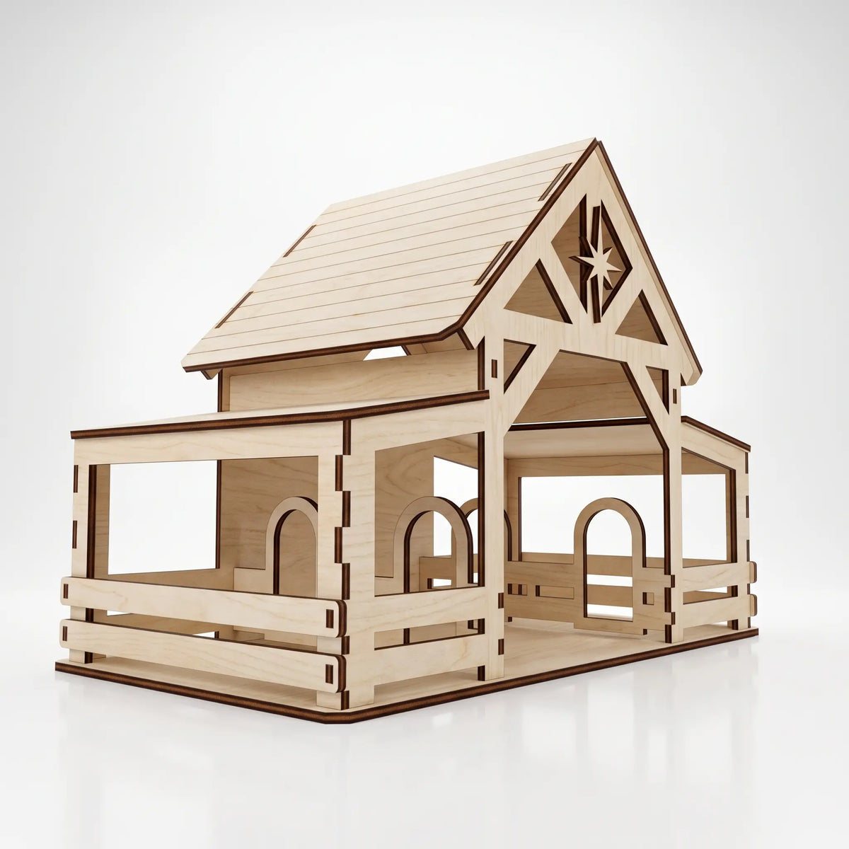 Perspective view of an empty laser cut plywood nativity barn with carved Bethlehem star on white ground.