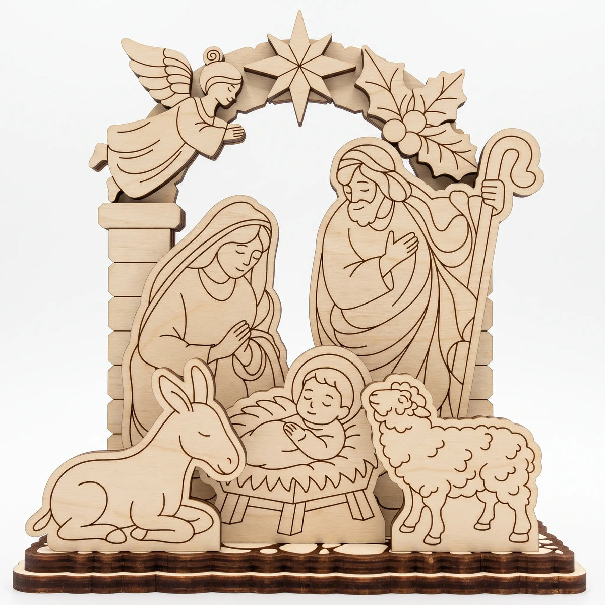 Front direct view of laser cut plywood holy family nativity figurine with angel and star on white.