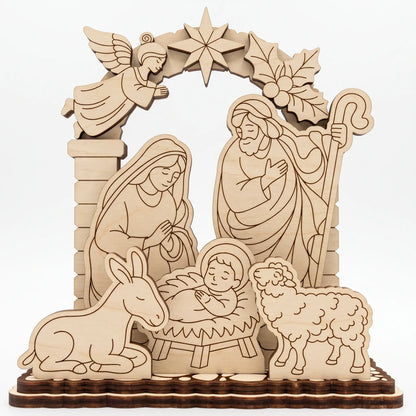 Front direct view of laser cut plywood holy family nativity figurine with angel and star on white.