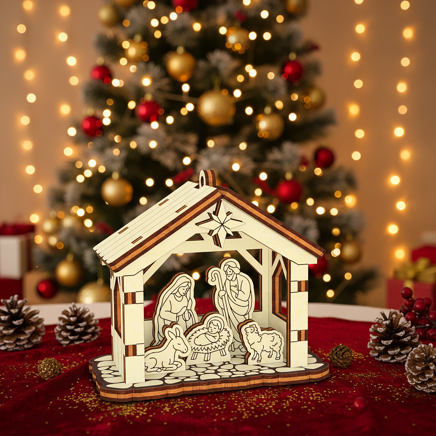 Laser cut wooden nativity ornament with detailed silhouettes of Mary, Joseph, infant Jesus, shepherd, donkey and sheep under a radiant star, set against a warm Christmas tree glow background.
