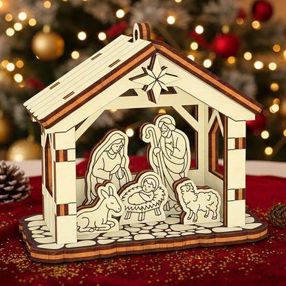 Wooden laser cut nativity scene ornament featuring Mary, Joseph, baby Jesus in a manger, a shepherd, donkey and sheep beneath a glowing star, displayed against a festive Christmas tree lights background.