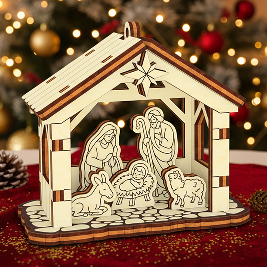 Wooden laser cut nativity scene ornament featuring Mary, Joseph, baby Jesus in a manger, a shepherd, donkey and sheep beneath a glowing star, displayed against a festive Christmas tree lights background.