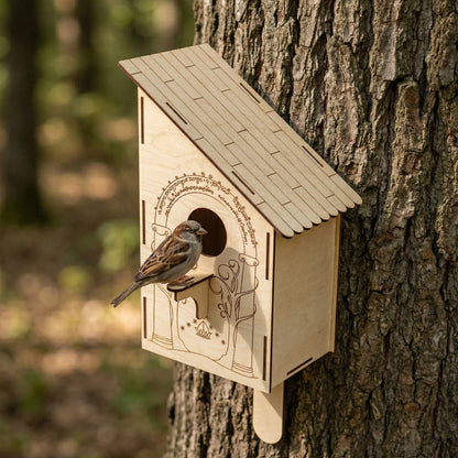 A small sparrow perched on the wooden ledge of a laser-cut plywood birdhouse. The nesting box is decorated with Lord of the Rings-inspired engravings of Elven trees and mystical script. Posed in a natural woodland setting, the light-colored wood and dark laser-burnt edges stand out against the tree bark.