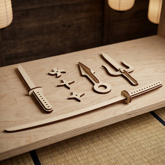 Toy ninja set crafted from laser cut plywood featuring a katana, kunai, sai, and shuriken throwing stars. Light natural wood with dark burnt edges. Displayed on a wooden shelf with a tatami mat and lanterns. Miniature martial arts weapons.