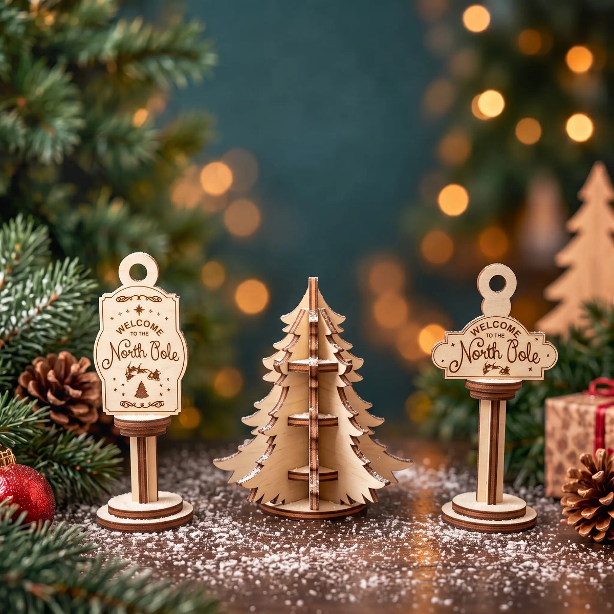 Laser cut plywood North Pole signposts and slotted 3D Christmas tree on snow-dusted wooden table with blurred holiday bokeh.