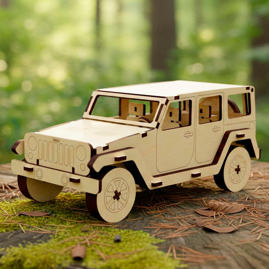 Front three-quarter view of a laser cut plywood wooden 4x4 vehicle model. Shows the iconic vertical grille, headlights, and layered fender flares. The model sits on a mossy tree stump in a bright, blurry woodland setting.