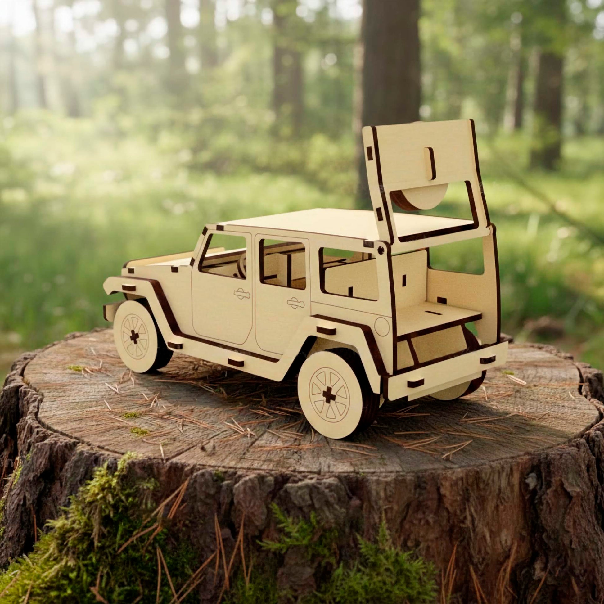 Rear view of a laser cut wooden plywood off-road SUV model on a tree stump. The trunk is open, showing the interior structure. Fine dark edges from laser cutting highlight the doors and spare wheel mount. Forest background.