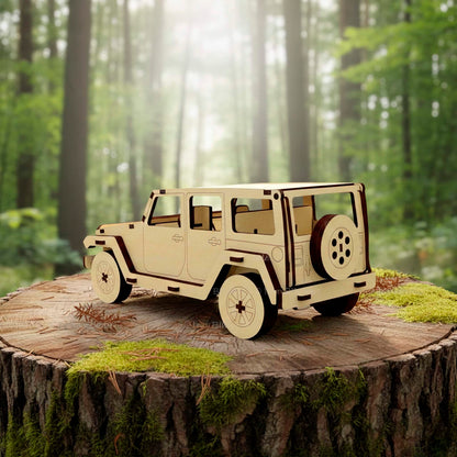 Side-rear perspective of a 3D laser cut wooden plywood jeep model. Features detailed wheels with cross patterns, side steps, and a spare tire attached to the back. The plywood has a smooth finish with precise burnt-edge detailing.