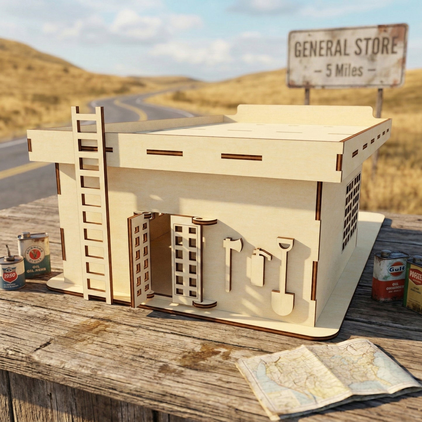 Close-up of two retro-style gas pumps with round toppers, crafted from natural laser cut plywood. Detailed engraving shows "Gallons" and "Sale" counters. The background shows the textured wooden garage door and service station windows.