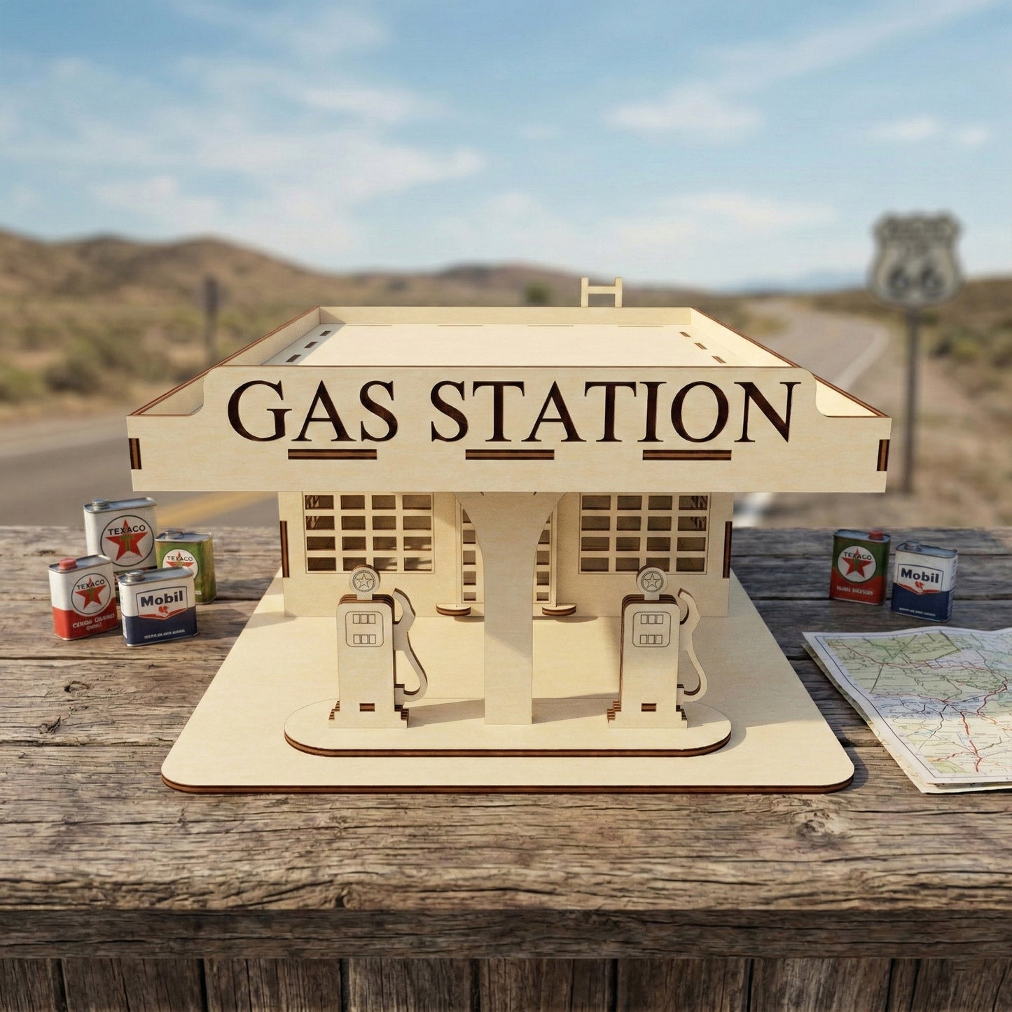 Angle view of a 3D wooden gas station puzzle showing the roof construction and side walls. Made from light-colored laser cut plywood, featuring an "Auto Service" sign and open garage bay. The natural wood grain and precision cuts are visible
