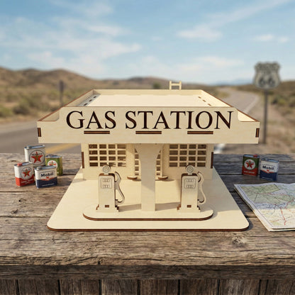 Angle view of a 3D wooden gas station puzzle showing the roof construction and side walls. Made from light-colored laser cut plywood, featuring an "Auto Service" sign and open garage bay. The natural wood grain and precision cuts are visible