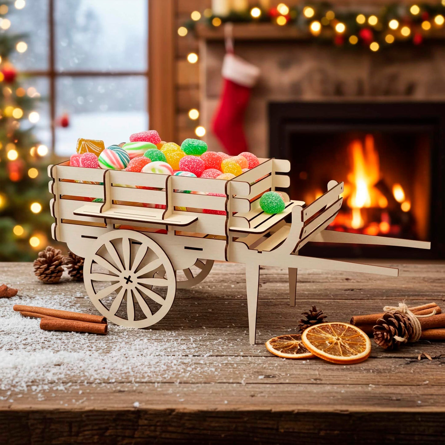 Detailed laser cut wooden plywood miniature cart filled with vibrant sugar-coated candies, displayed on a rustic table with a cozy fireplace and Christmas decorations in the warm background.