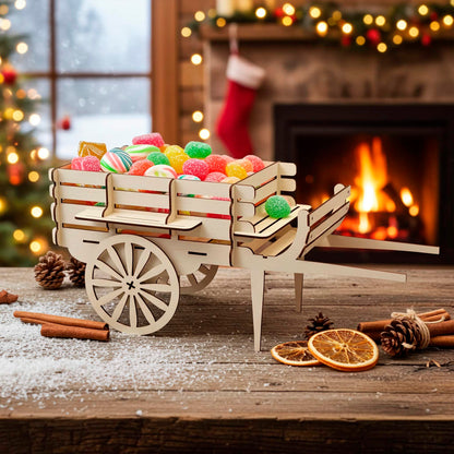 Detailed laser cut wooden plywood miniature cart filled with vibrant sugar-coated candies, displayed on a rustic table with a cozy fireplace and Christmas decorations in the warm background.