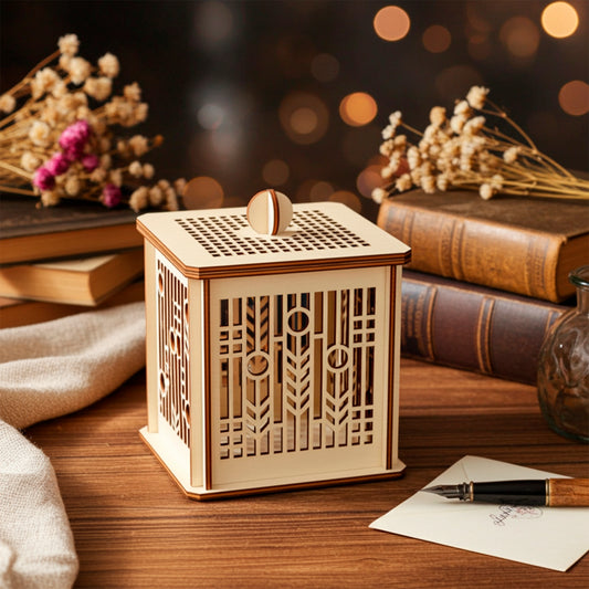 Laser cut  plywood wooden square keepsake box with intricate geometric cutout patterns, standing on a dark wooden table surrounded by stacks of vintage books, dried flowers, a fountain pen, and warm bokeh lights in the background