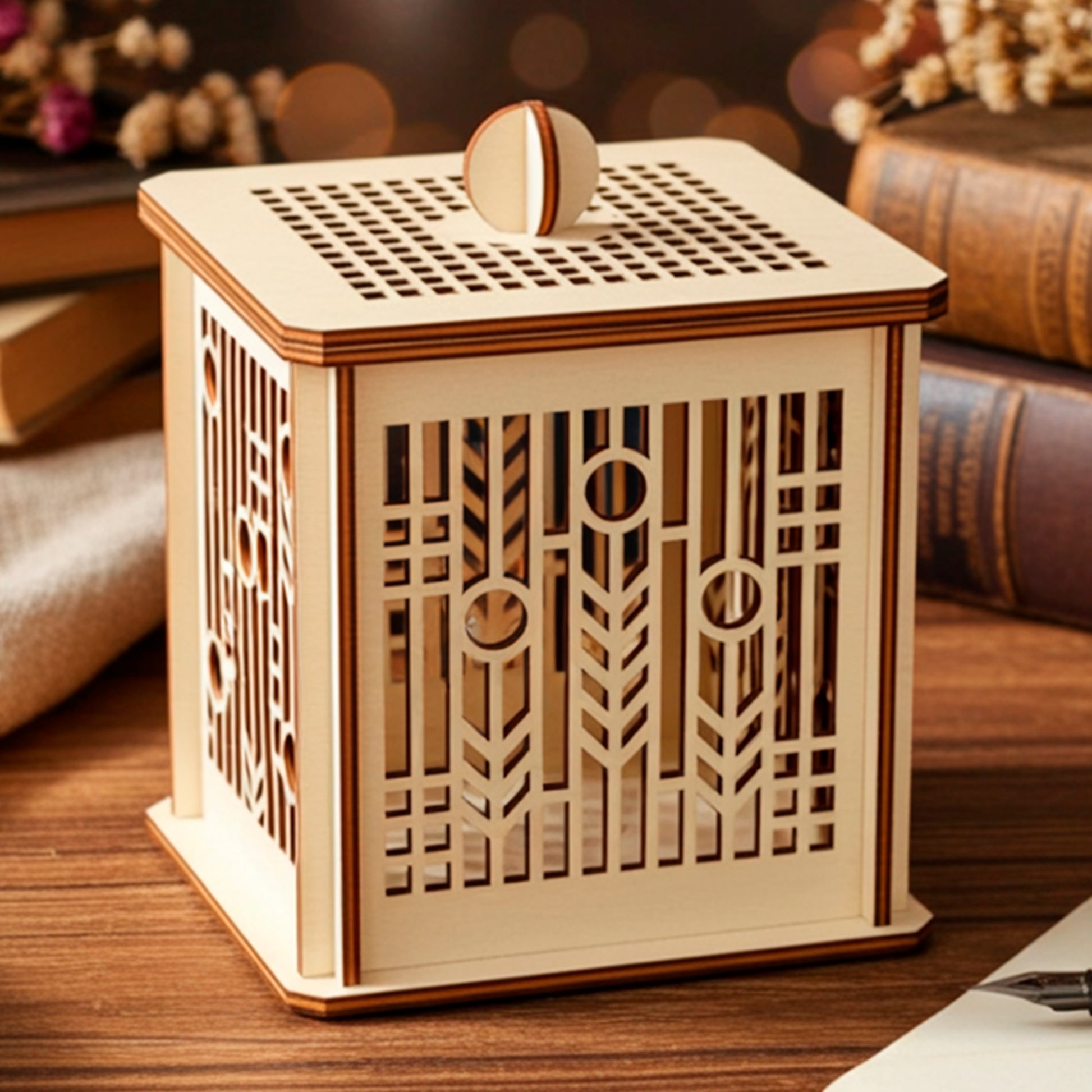 Laser cut  plywood wooden square keepsake box with intricate geometric cutout patterns, standing on a dark wooden table surrounded by stacks of vintage books, dried flowers, a fountain pen, and warm bokeh lights in the background