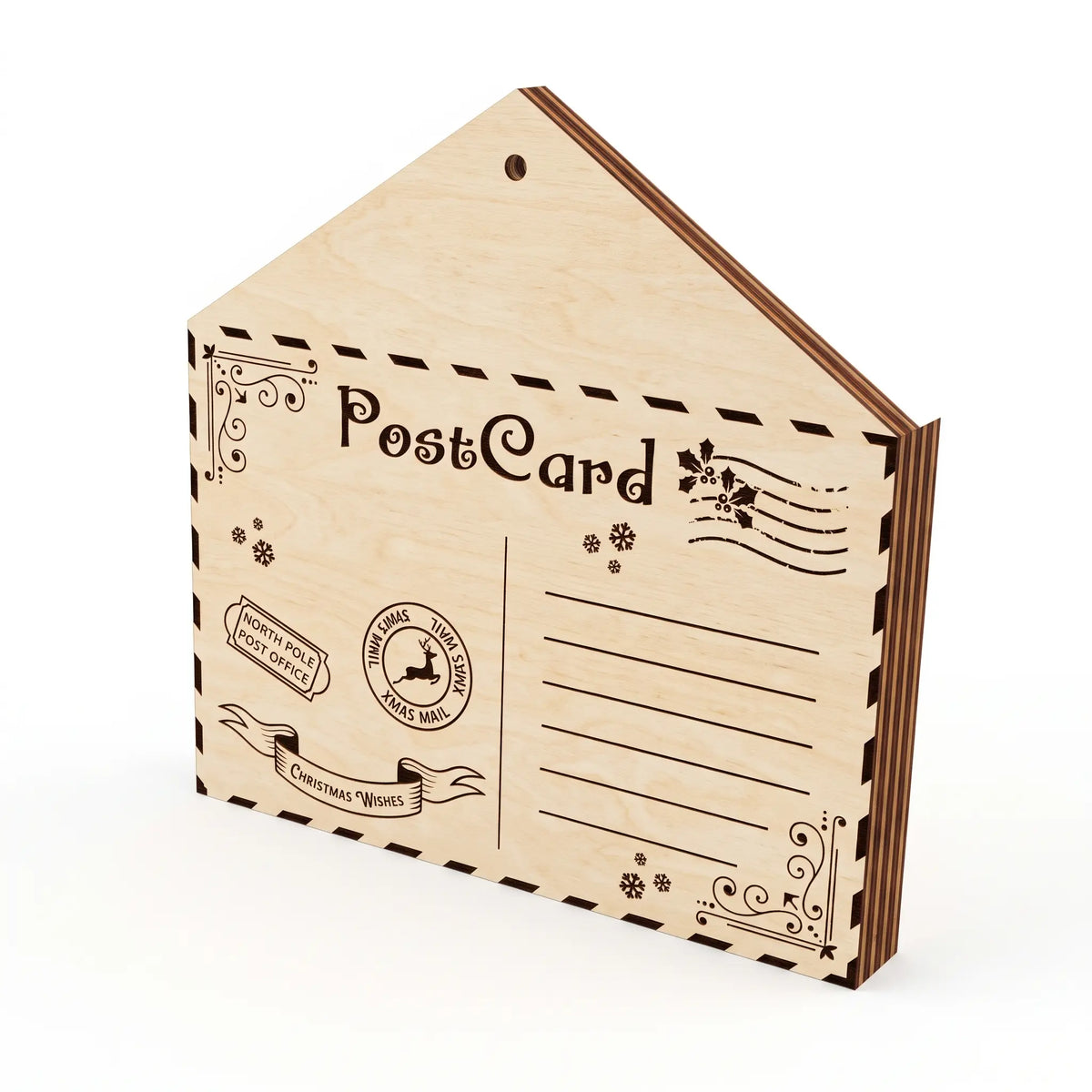 Laser cut plywood postcard envelope pocket with engraved North Pole mail stamp, isolated on white background.