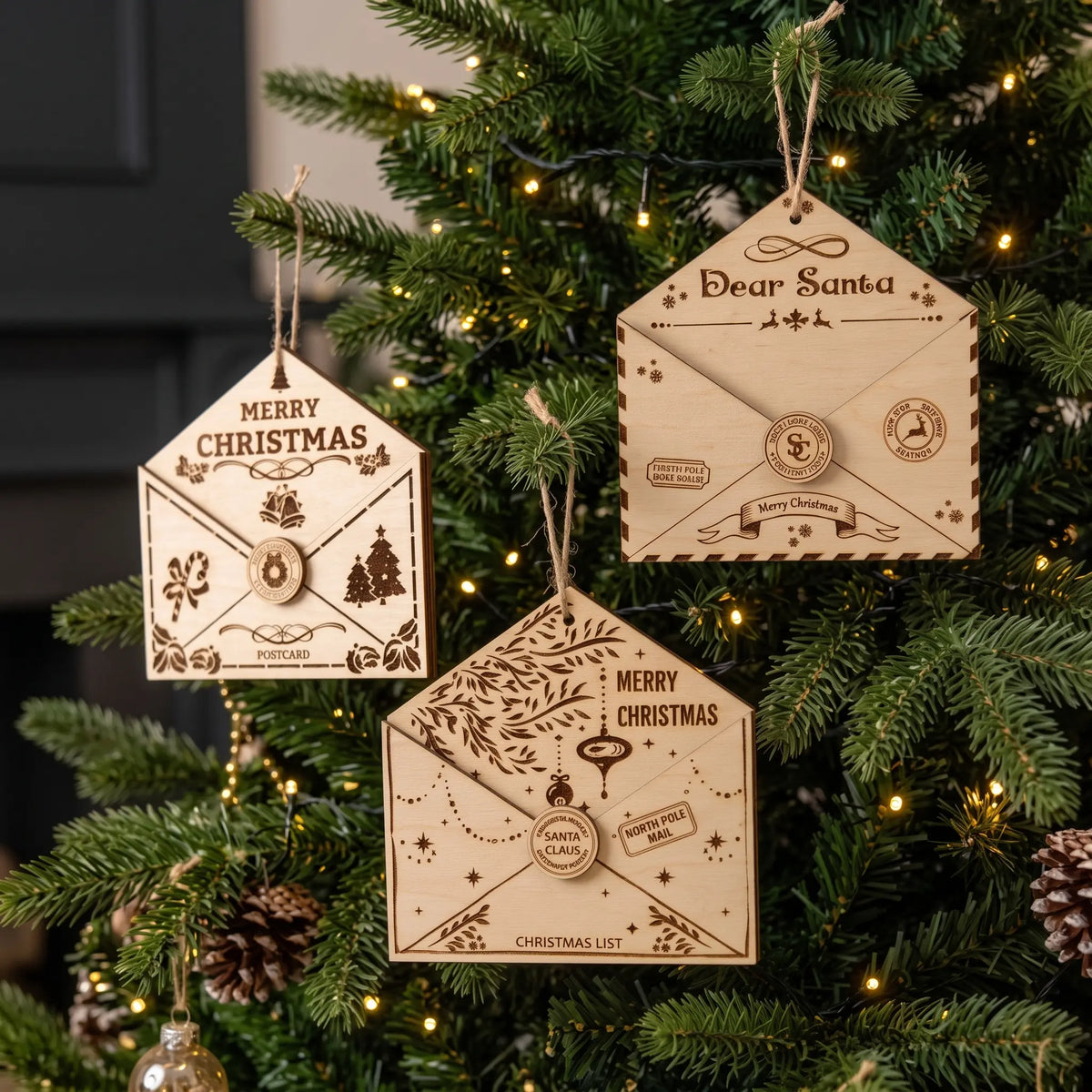 Three laser cut plywood holiday letter envelope ornaments hanging on Christmas tree with festive lights.