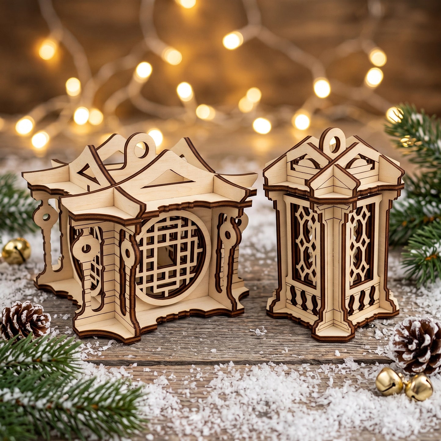 Two different laser cut plywood lantern ornaments placed on a snowy surface with pine cones and golden bells.