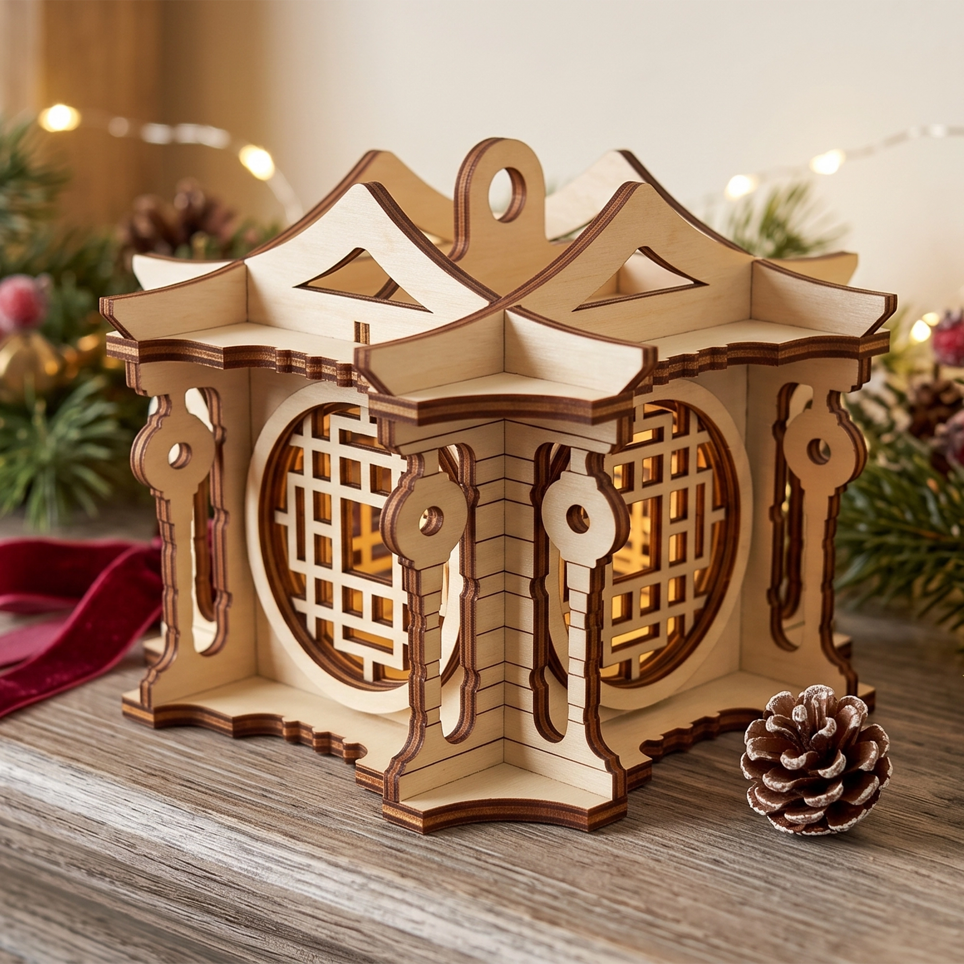 A wide laser cut plywood lantern decoration styled on a wooden shelf next to a small frosted pine cone.