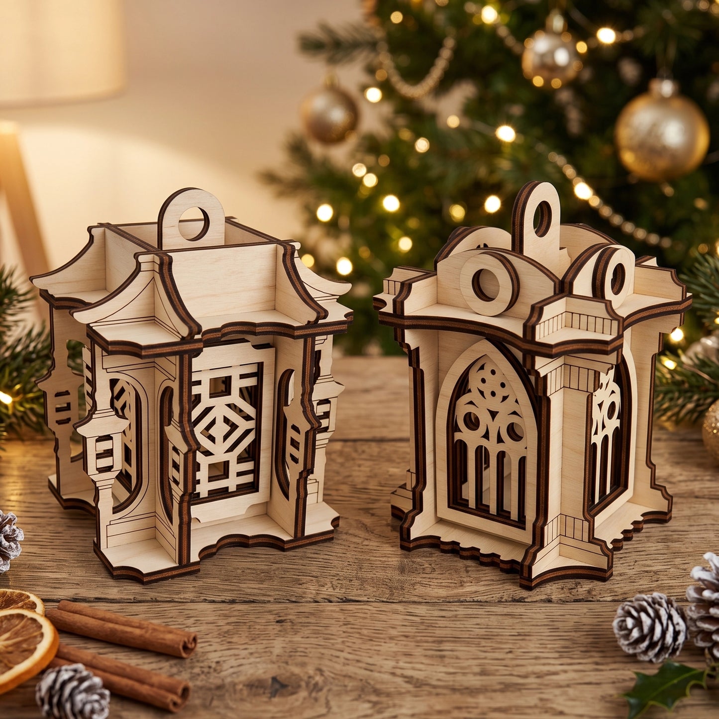 Two different laser cut plywood holiday lantern decorations styled on a wooden tabletop with cinnamon and pine cones.