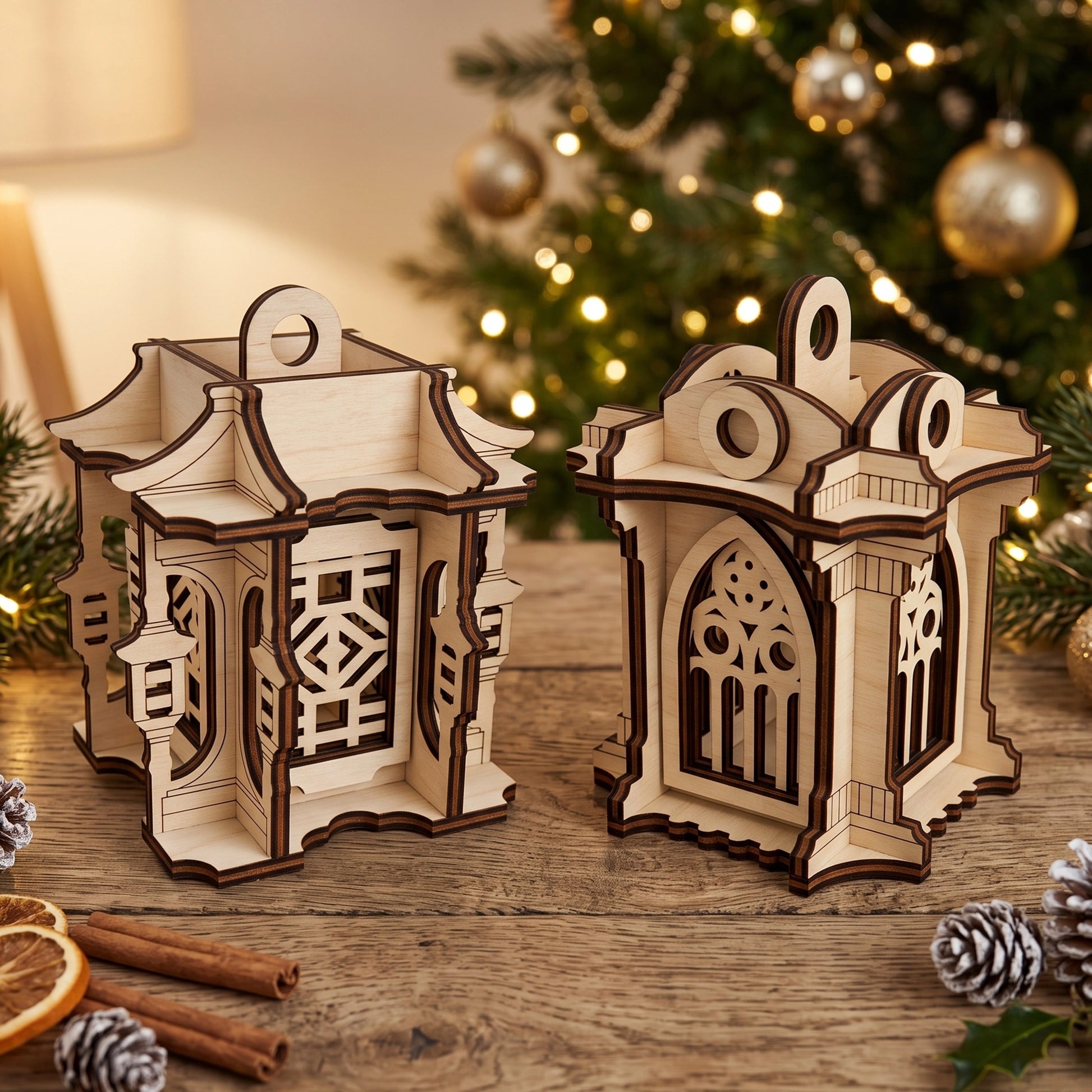 Two different laser cut plywood holiday lantern decorations styled on a wooden tabletop with cinnamon and pine cones.
