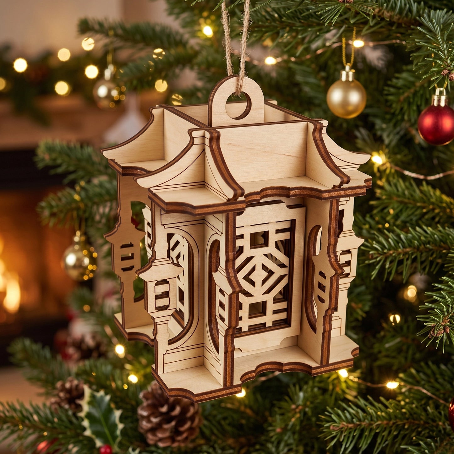 Laser cut plywood Asian pagoda lantern ornament hanging from a festive Christmas tree branch, next to holiday baubles.