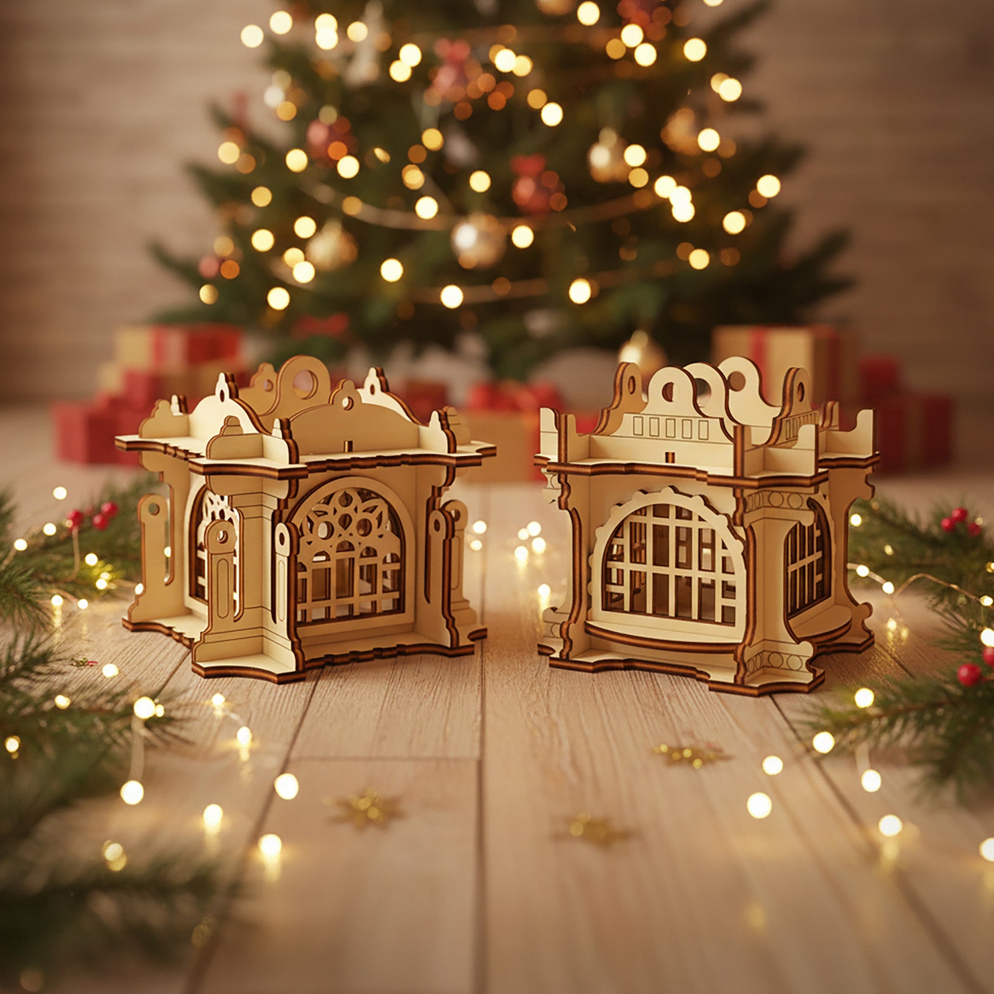 Elegant laser cut Ornaments #3 shaped as illuminated miniature lanterns with elaborate lattice patterns and decorative tops, set against a festive blurred Christmas tree lights background.