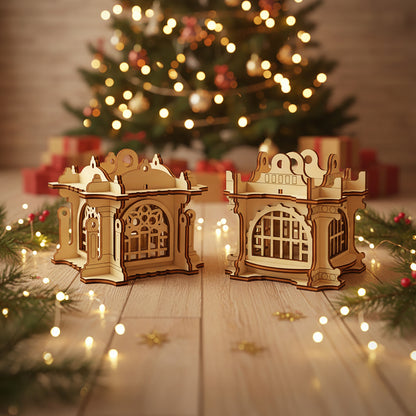 Elegant laser cut Ornaments #3 shaped as illuminated miniature lanterns with elaborate lattice patterns and decorative tops, set against a festive blurred Christmas tree lights background.