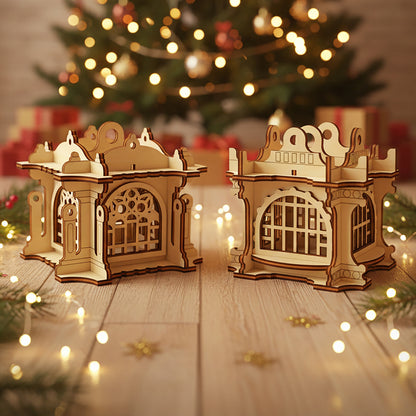 Laser cut wooden Ornaments #3 featuring two intricately detailed glowing lanterns with ornate arched windows and domed roofs, displayed against a warm Christmas tree bokeh background.