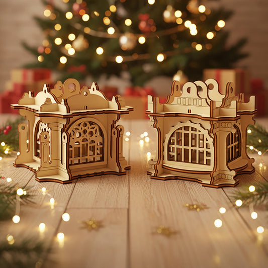 Laser cut wooden Ornaments #3 featuring two intricately detailed glowing lanterns with ornate arched windows and domed roofs, displayed against a warm Christmas tree bokeh background.